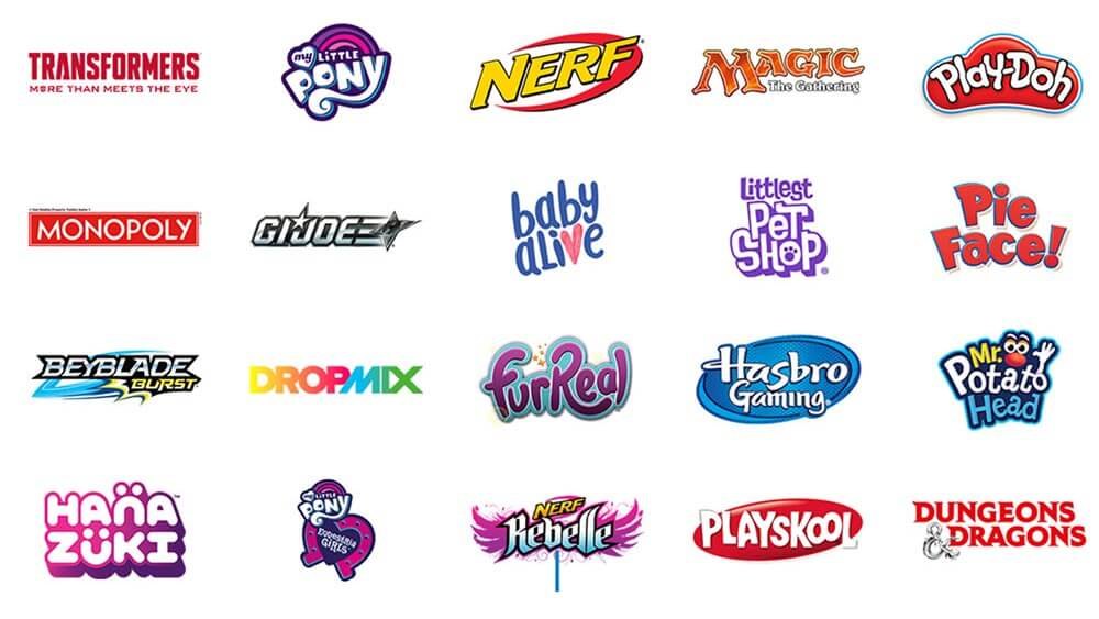 Logos de marcas de Hasbro: Transformers, Nerf, Play-Doh, Monopoly, My Little Pony, Magic, GI Joe y mas