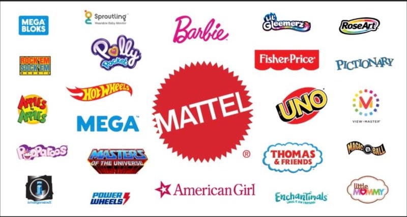 Logos de marcas de Mattel: Barbie, Hot Wheels, Fisher-Price, UNO, Mega, Thomas and Friends, American Girl y mas